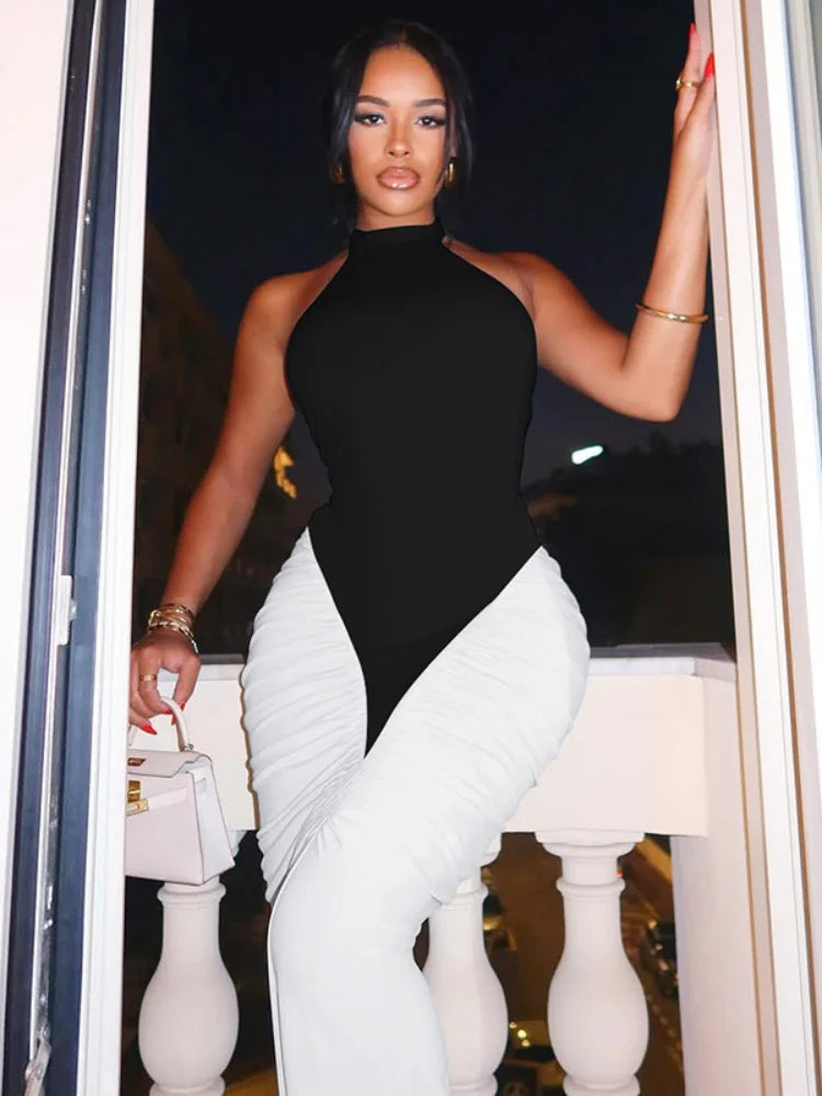 BOOFEENAA Patchwork Halter Backless Maxi Dress for Dinner Evening Gown Sexy Elegant Party Dresses for Woman Fall 2025 C15-CH41