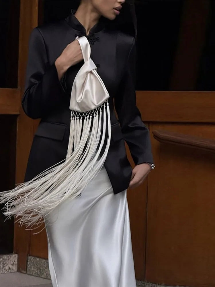 Chic Fringe Tassel Satin Waist Bag With Flowing Strap for Women