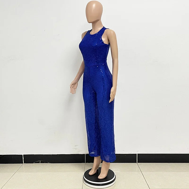 Elegant Silver Sequined Straight Cut Jumpsuit for Women