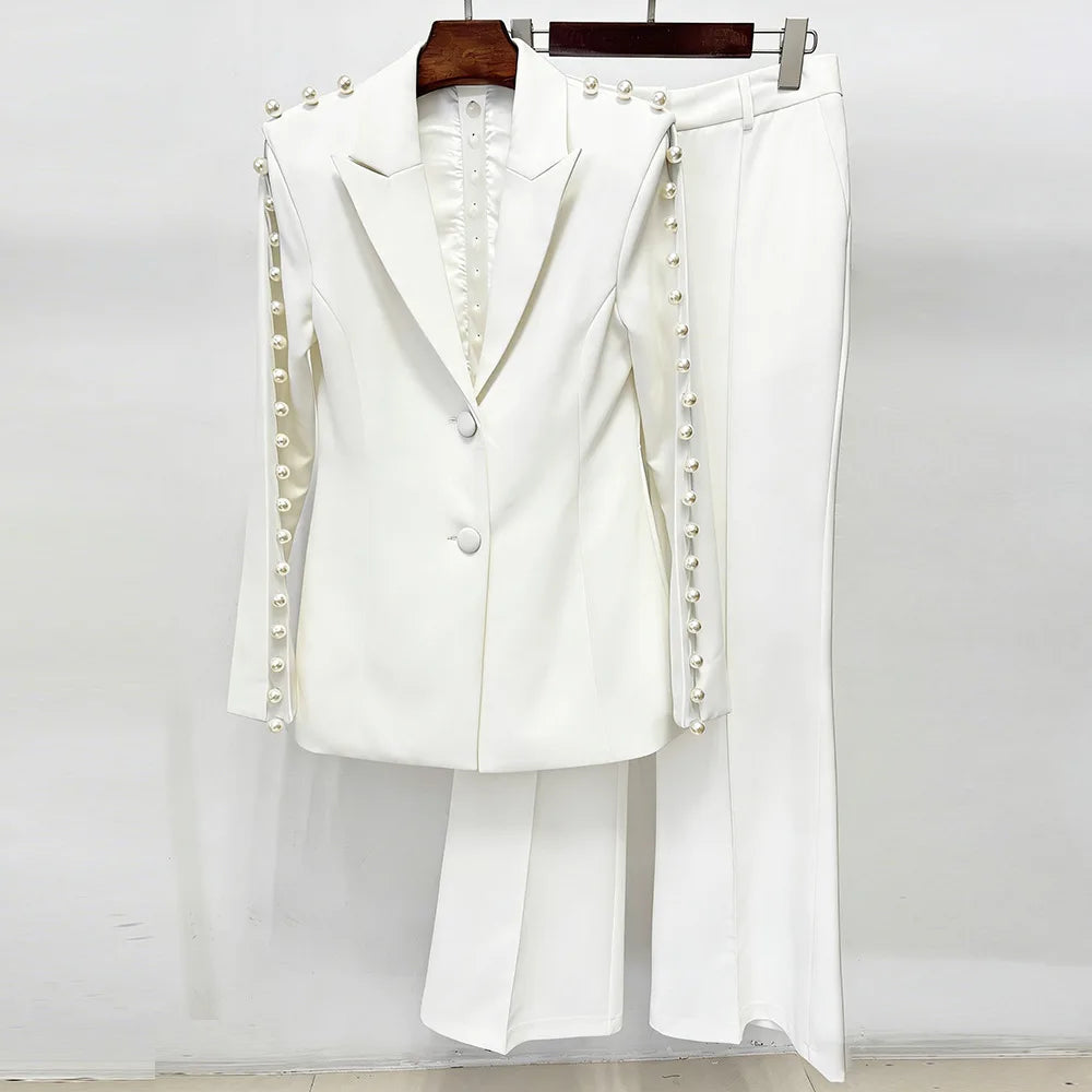 HIGH STREET Newest 2026 Designer Runway Suit Set Women's Pearls Beaded Gauze Patchwork Slim Fitting Blazer Pants Set