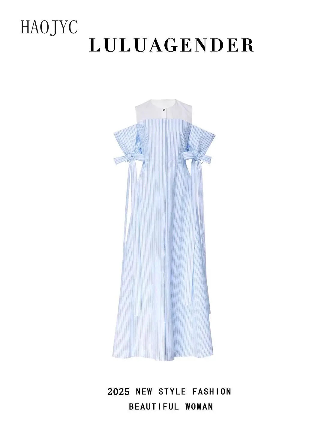 Pinched Waist Striped Split Shoulder Midi Dress for Women