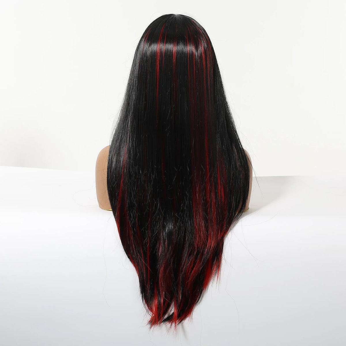 Long Straight Synthetic Wig With Bangs and Red Highlights for Women