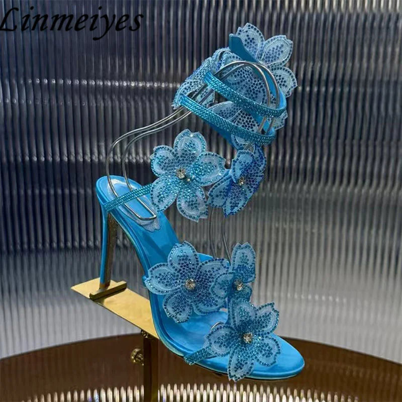 Rhinestone Flower Embellished Wedding High Heel Sandals for Women