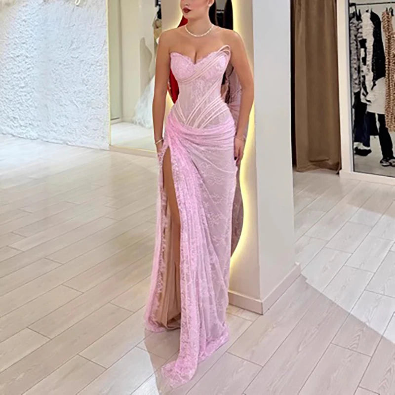Pink Lace Wrap Backless Strapless A-Line Dress for Women