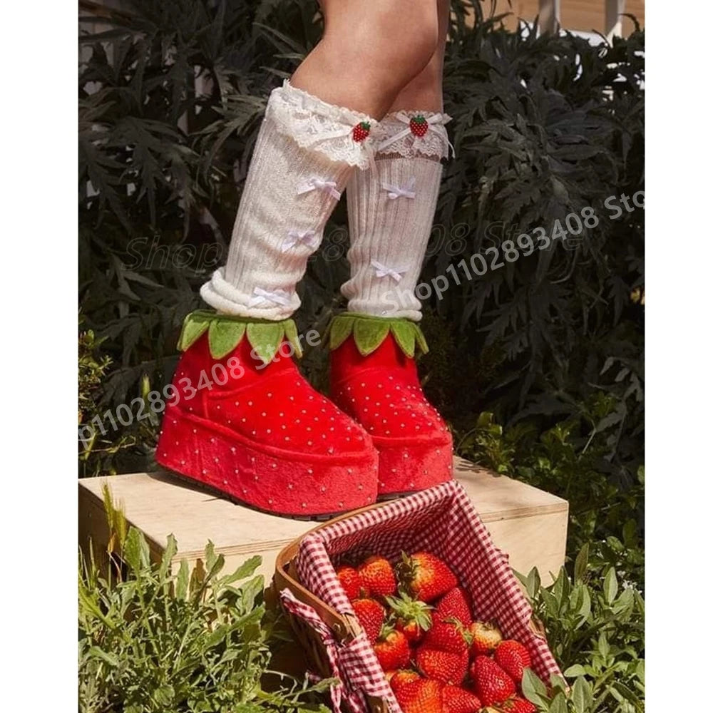 Red Strawberry Design Thick Soled Sweet Pumps Waterproof Cosplay Runway Style Fashion Big Size Women Shoes 2025 New Para Mujere