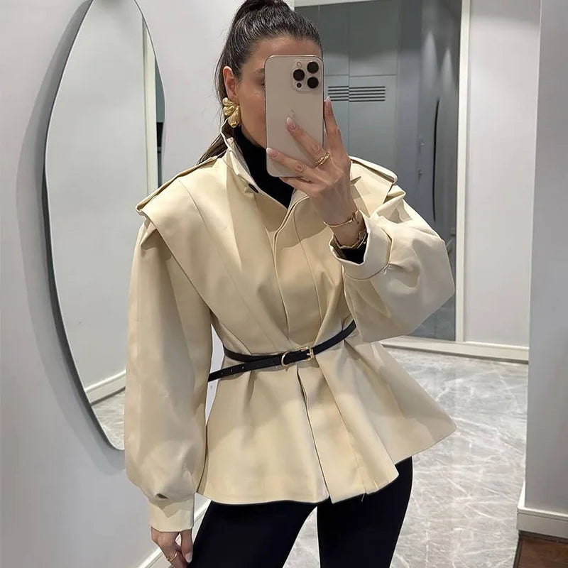 Elegant Short Trench Coat With Stand Collar for Women