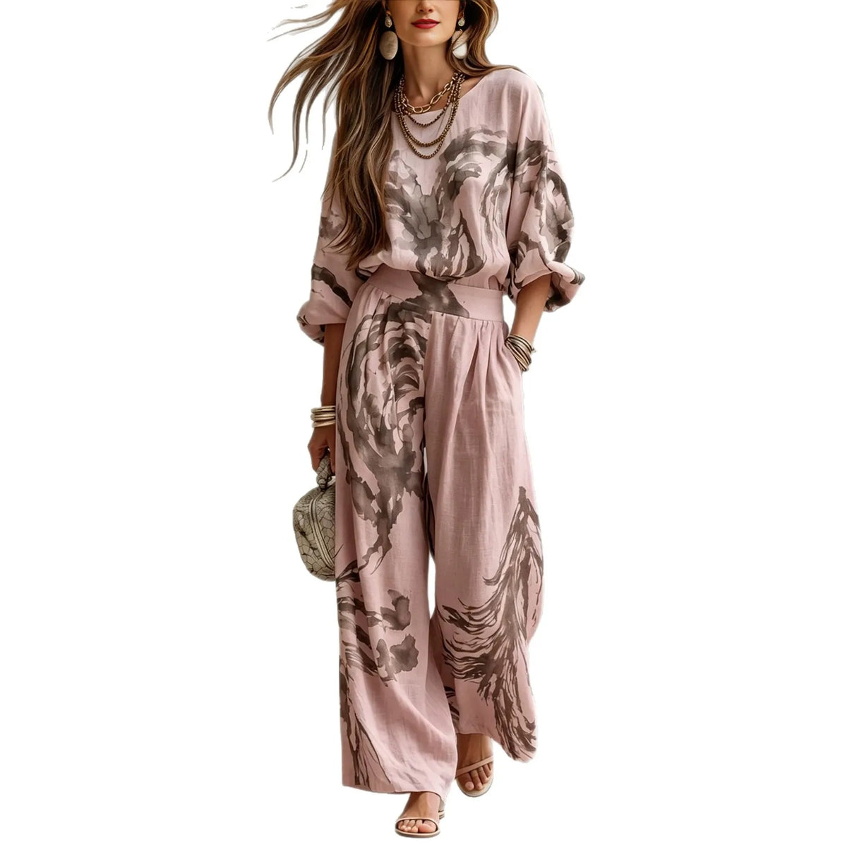 Casual Retro Printed Two Piece Pants Set for Women