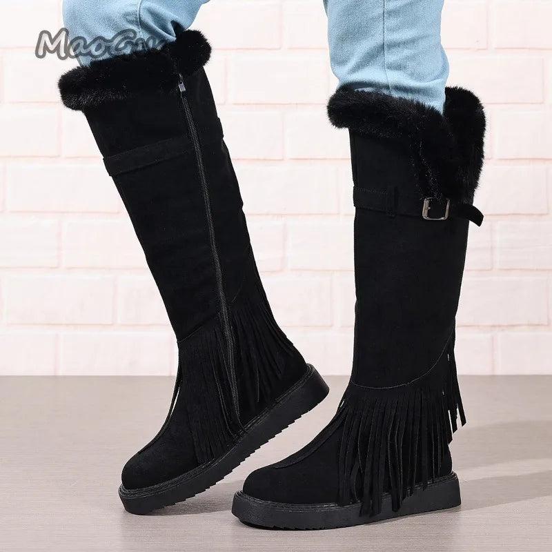 Faux Fur Lined Suede Knee High Fringe Boots for Women