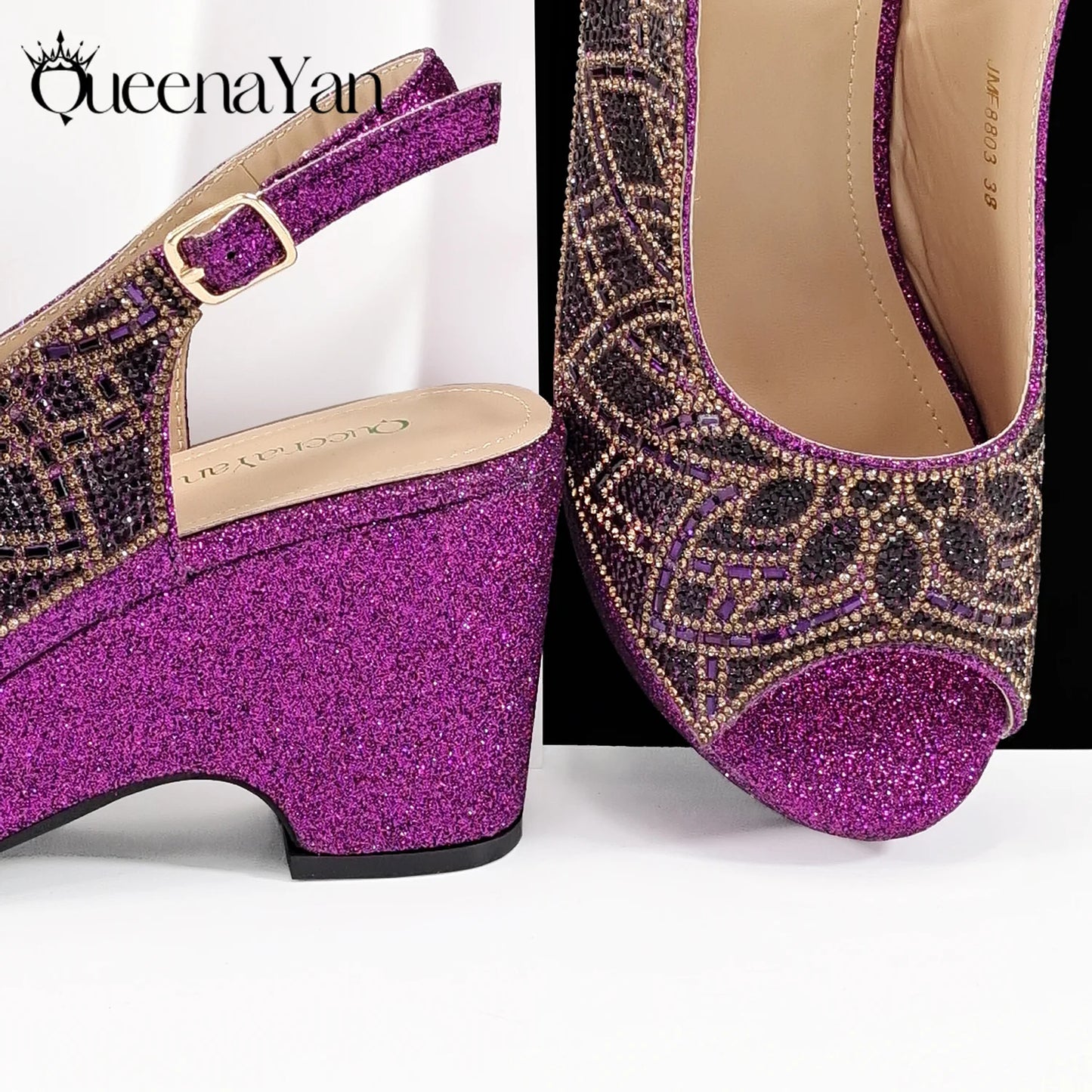 Queena Yan 2025 Italian design full rhinestone detailing comfort platform heels and matching bag Women's Fashion Peep Toe Shoes