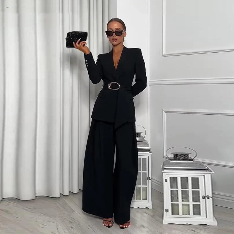 Elegant Solid Two Piece Blazer Pants Set for Women