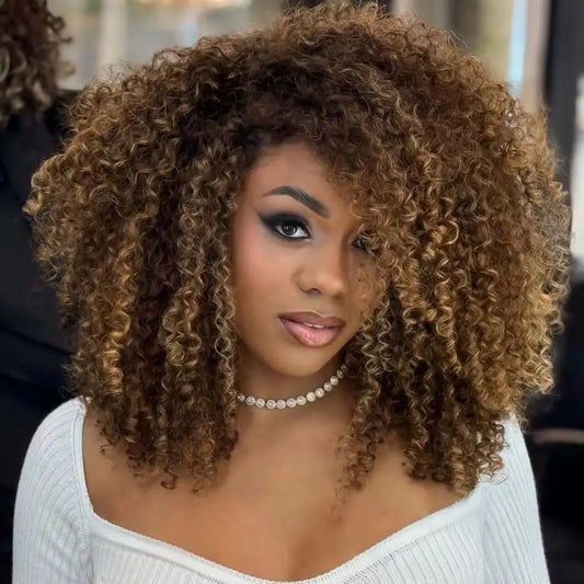 Highlight Brown Afro Kinky Curly Bob Wig for Women