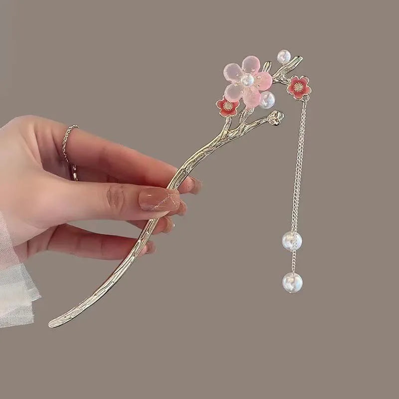 Floral Crystal Tassel Hair Sticks