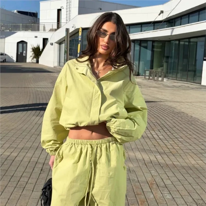 Lace Up Stand Collar Wide Leg Two Piece Set for Women