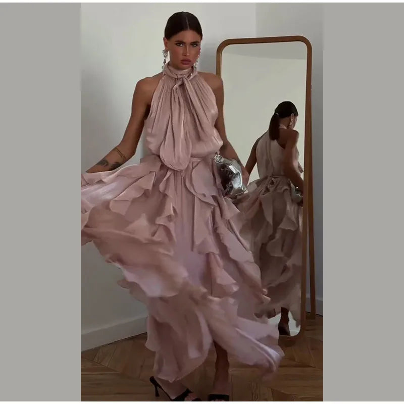 Cascading Ruffle Pleated Maxi Dress with Lace Up for Women