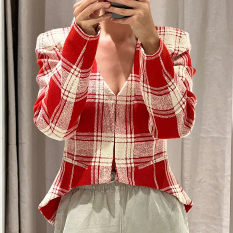 Elegant Plaid Long Sleeve V-Neck Single Breasted Jacket for Women