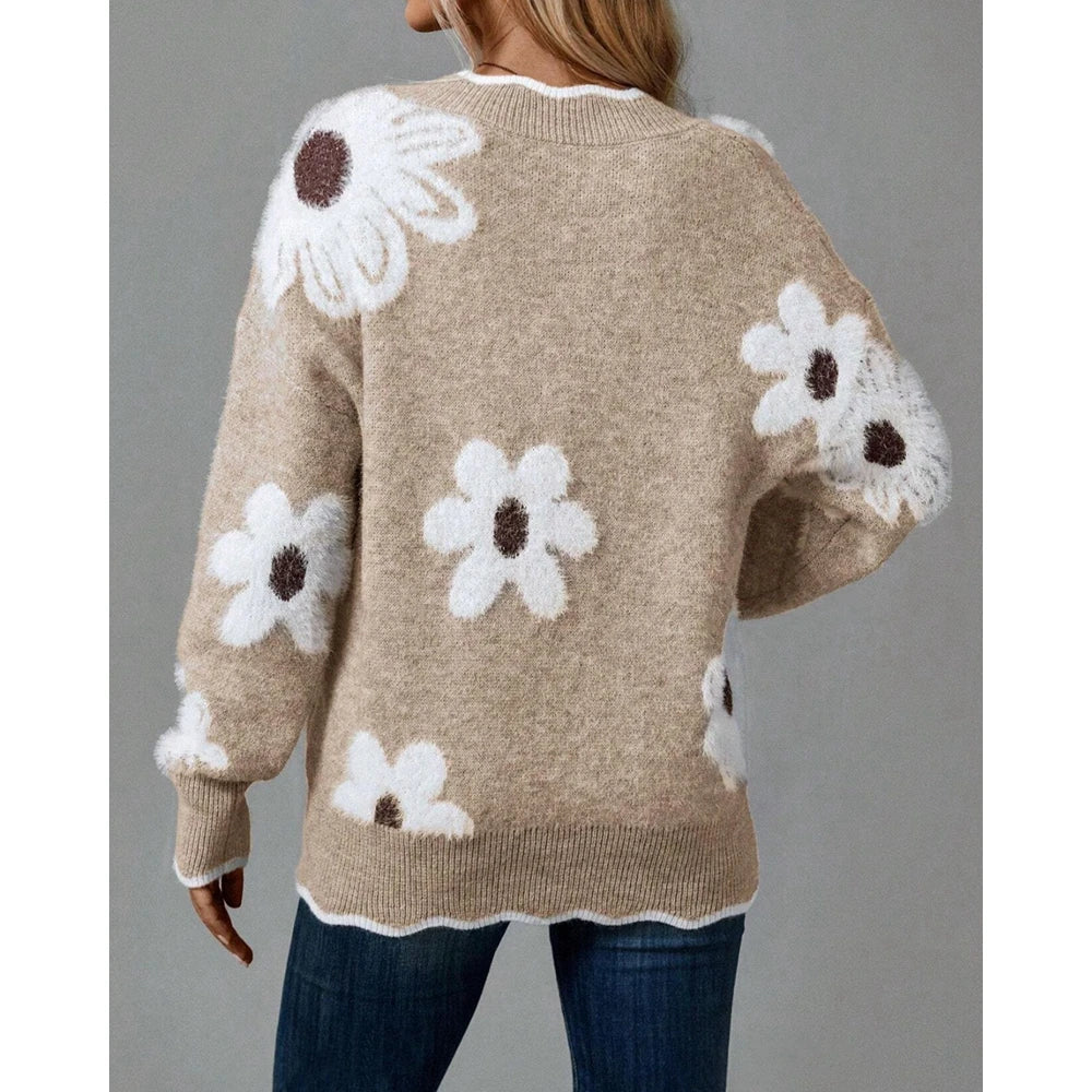 Women Contrast Binding 3D Flower V Neck Long Sleeve Pullover Sweater Casual Loose Fit Fall Top for Autumn Winter Outfits