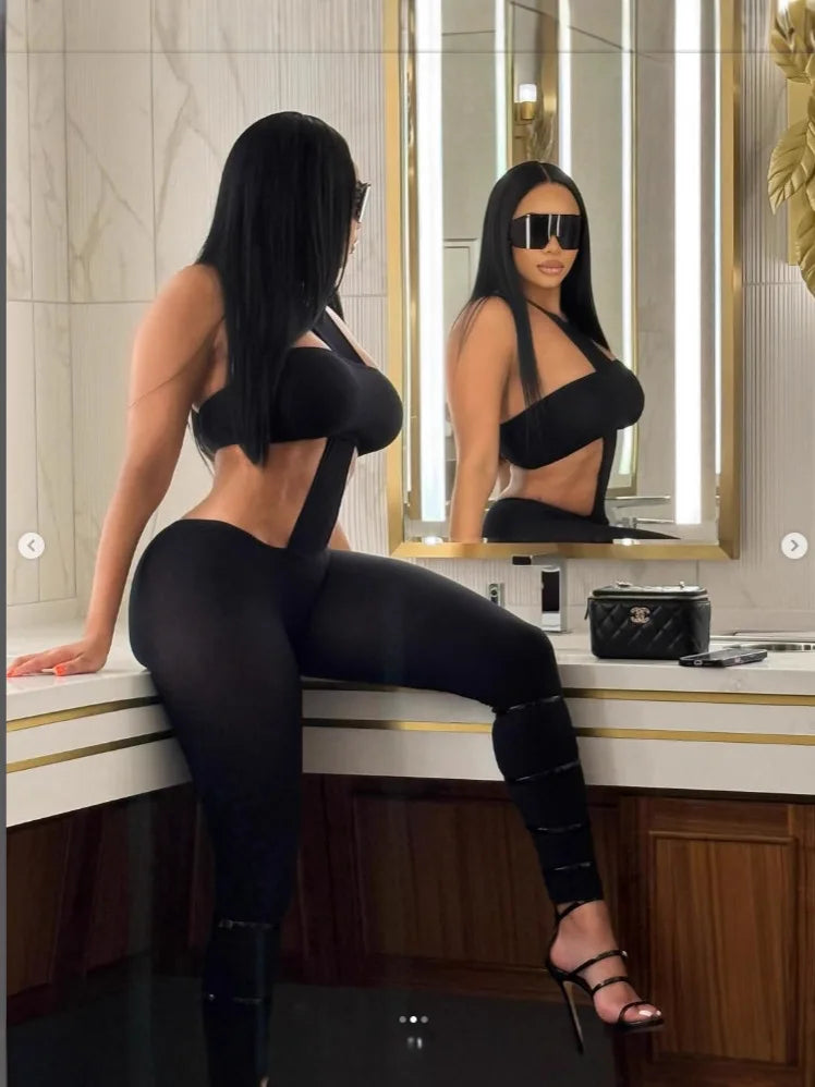 FAGADOER Y2k Sexy Two Piece Outfits Woman Halter Sleeveless Backless Crop Top and Skiny Pants Suits Female Streetwear Clothing