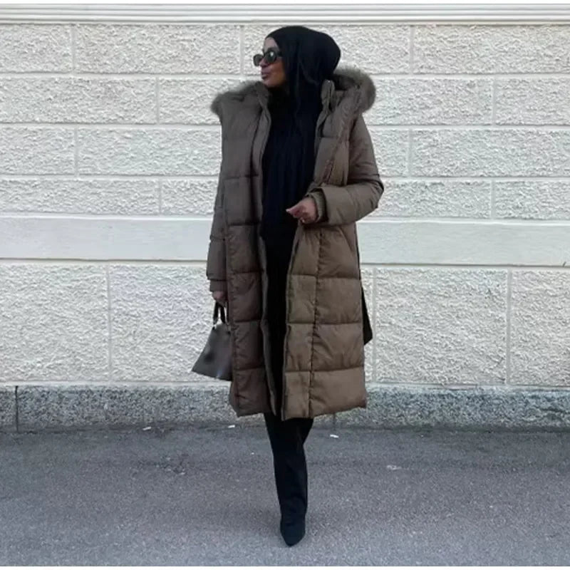 Casual Hooded With Zipper And Lace Up Front And Faux Fur Collar Coat for Women