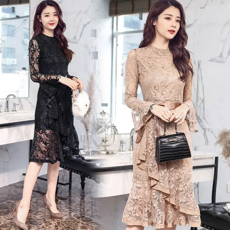 Midi Party Tight Women's Long Sleeve Lace Dresses Bodycon Prom Female Dress Corset Black Evening Elegant and Pretty Kpop Elastic