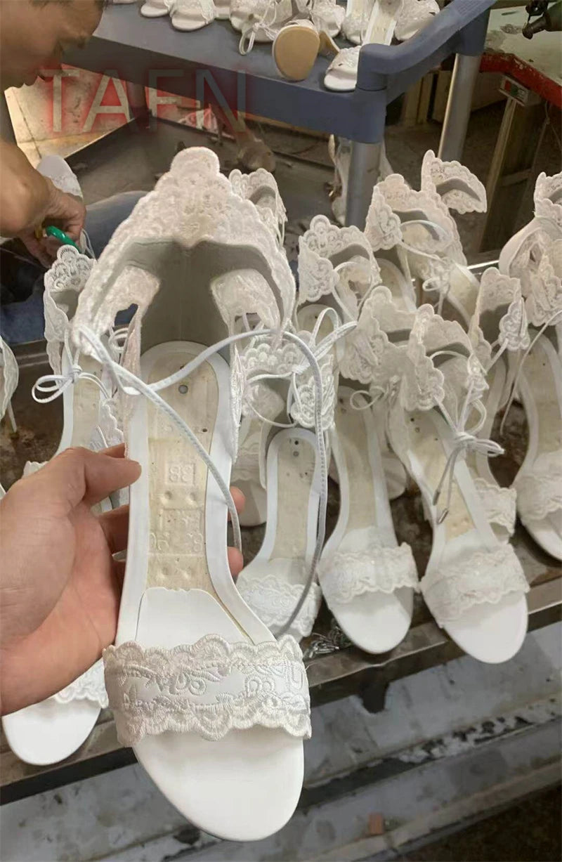 White Bridal Lace Up Open Toe Heeled Sandals for Women