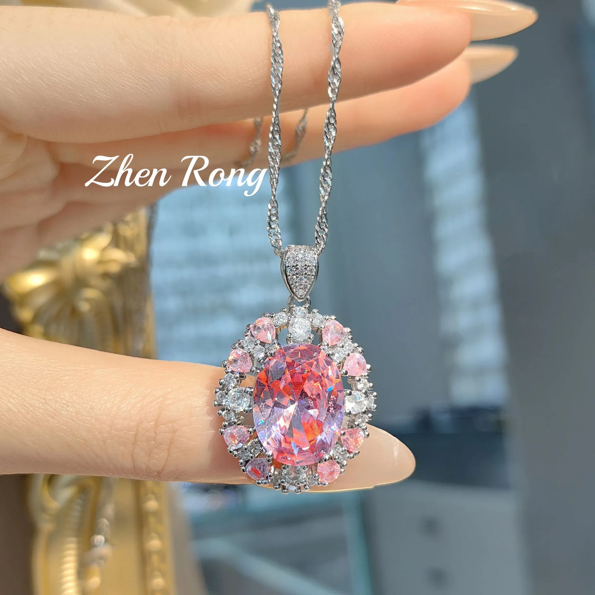 Romantic Pink Cubic Zirconia Necklace and Ring Set for Women