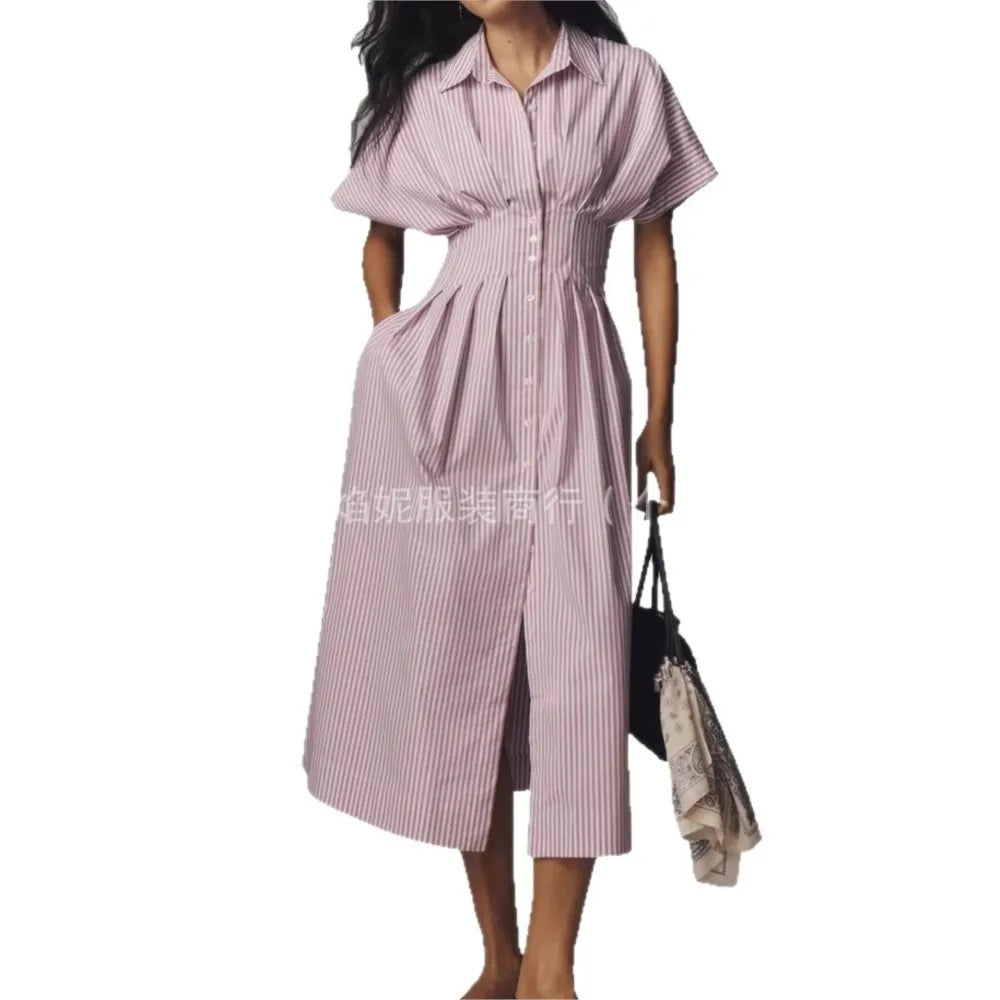 Elegant Striped Print Waist-Hugging A-Line Midi Dress for Women