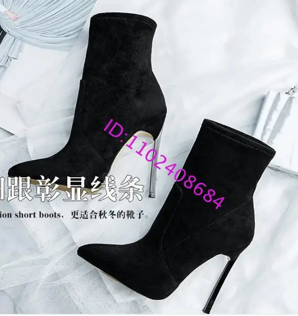 Spike High Heel Woman Ankle Boots Large Size Custom New Suede Pointed Toe High-Heeled Sexy Stretch Short Woman Boots