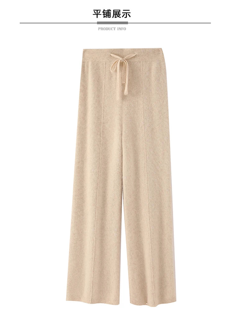 Elastic Waist Wide-Leg Knitted Cashmere Trousers for Women