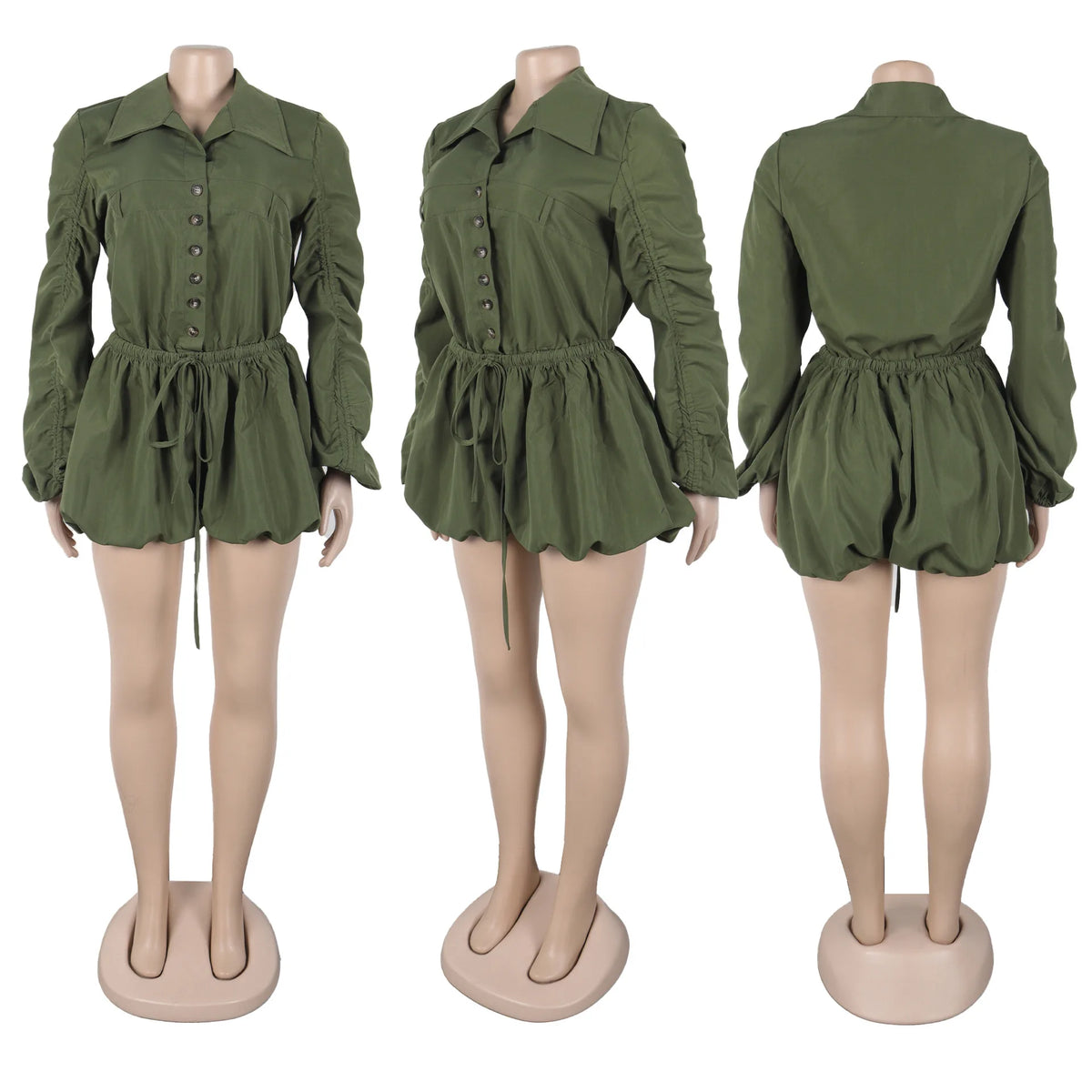 Elegant Ruched Drawstring Lantern Sleeve Romper for Women