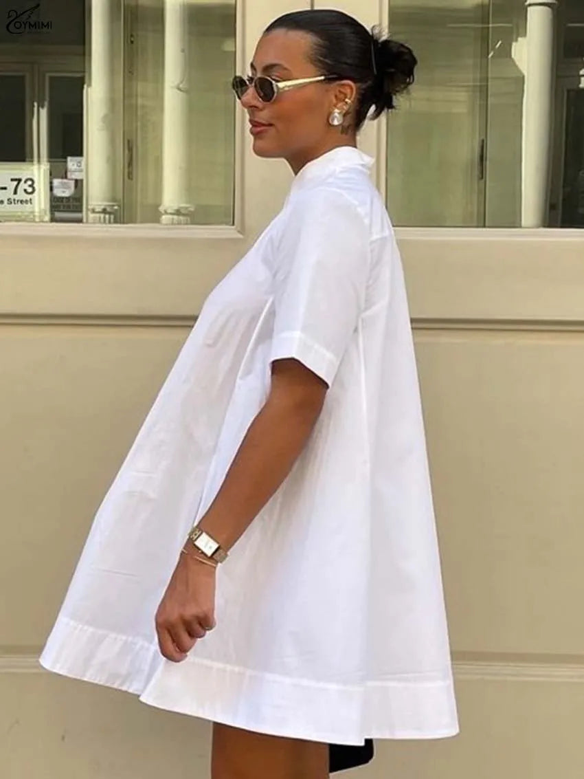 Oymimi Elegant White Cotton Dresses 2025 Woman Fashion Turn-Down Collar Half Sleeve Button Dress Casual Loose Mini Dress Female