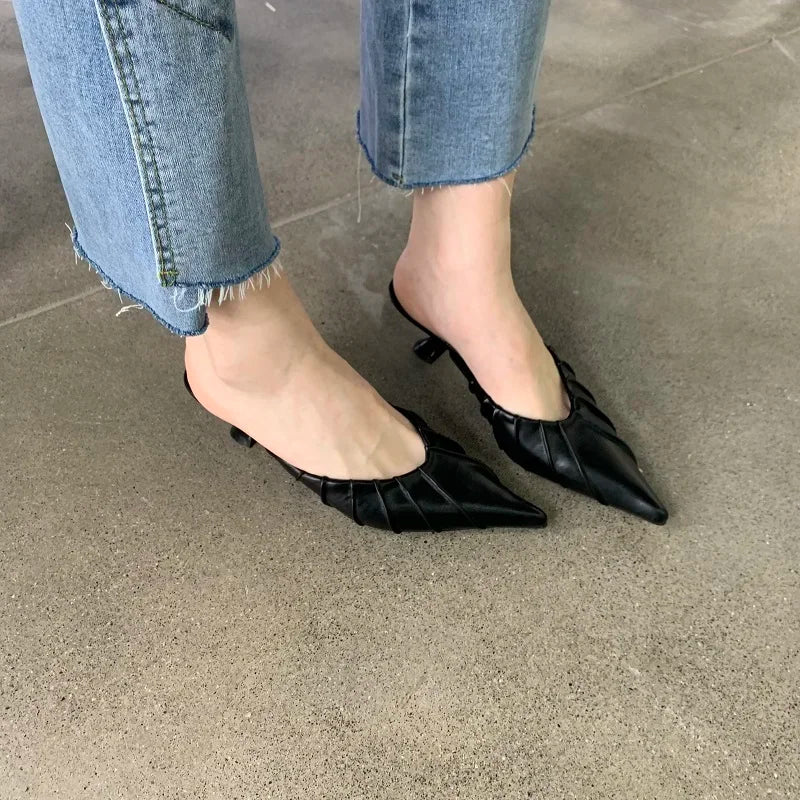 Casual Pleated Thin Heel Cushioned Slides for Women