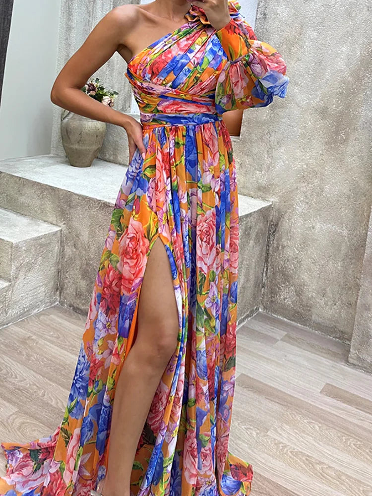 Women Loungewear One Off Shoulder Holiday Dress, Skew Collar Fashion Long Sleeve Party Dress, Patchwork Print Ladies Maxi Dress