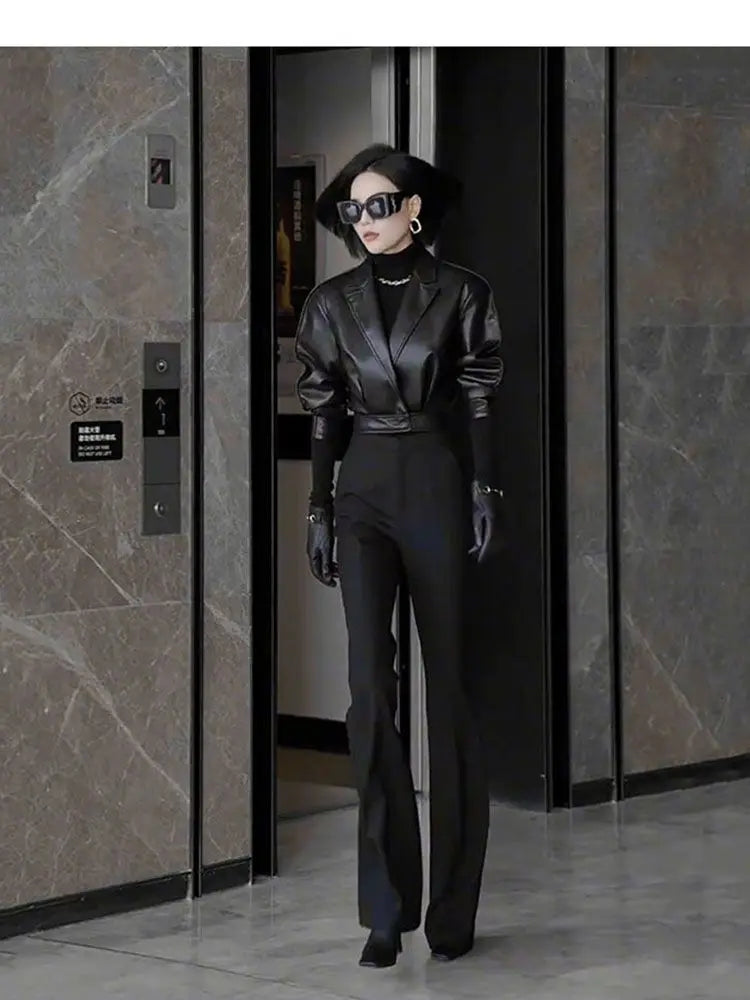 Trendy Faux Leather Blazer And Flared Pants Set For Women