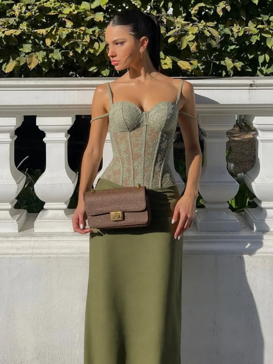 Elegant Women Summer Party Dresses Set 2 Pieces Lace High Waist Lace Up Spaghetti Strap Tops Satin Zipper Party Skirt Outfits