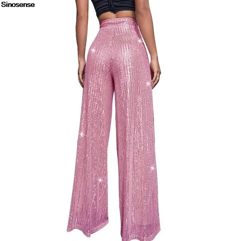 High Waist Sparkle Sequin Wide Leg Pants for Women