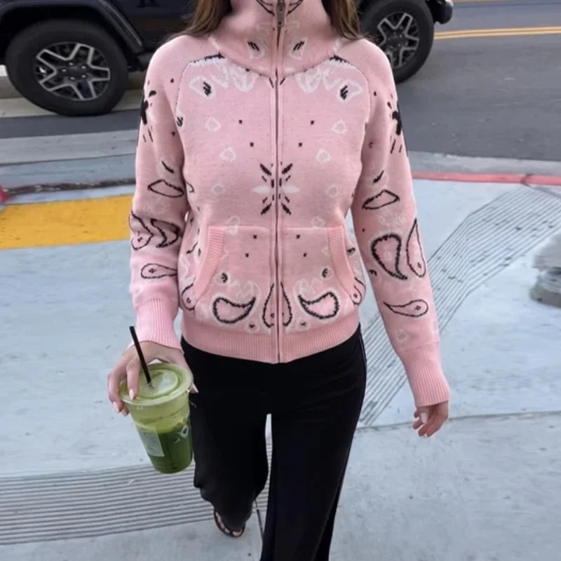 Vintage Printed Knit Stand Collar Zip Cardigan for Women