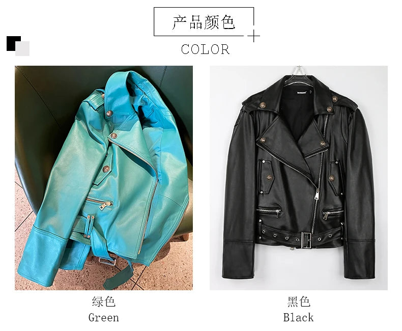 Bright Green Faux Leather Biker Jacket With Adjustable Waist For Women
