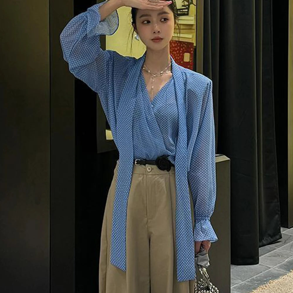 Long Sleeve Blue Polka Dot V Neck Chiffon Sun Protection Shirt for Women