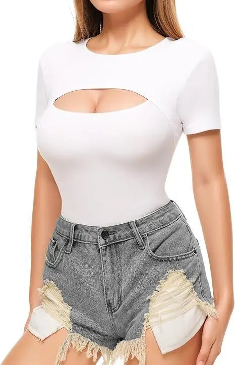 Seductive Tops Intricate Hollow Lacework T-Shirt Figure Hugging RoundNeck Blouse Classic Comfortable SolidColor Shirt