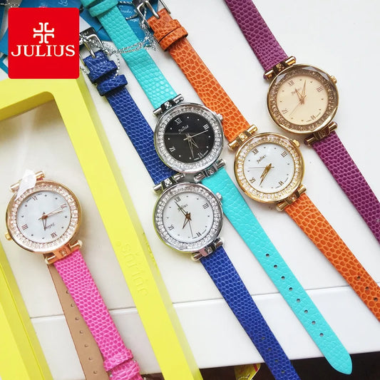 Mother-of-pearl Rhinestones Julius Lady Women's Watch Fashion Hours Bracelet Real Leather Girl's Birthday Gift Box
