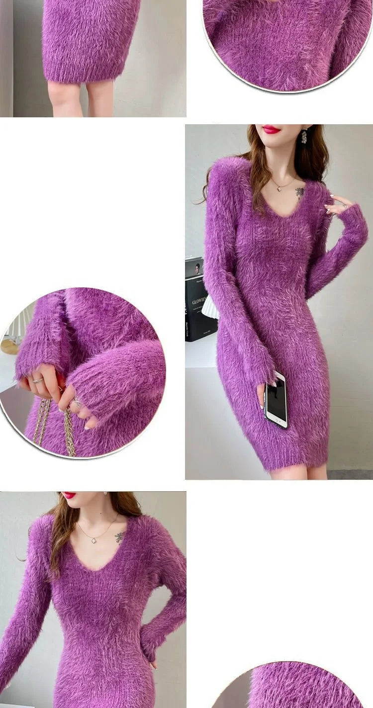 Cozy Faux Mink Knit Sweater Dress