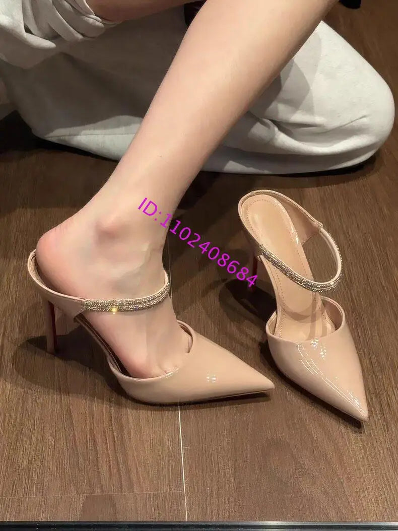Patent Leather Pointed Toe Rhinestone Stiletto Ankle Strap Sandal For Women