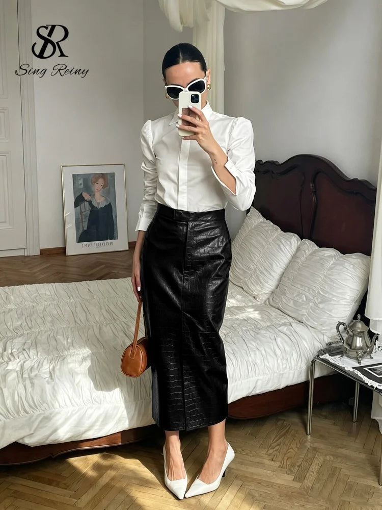 Faux Crocodile Leather Ankle Length Split Skirt for Women