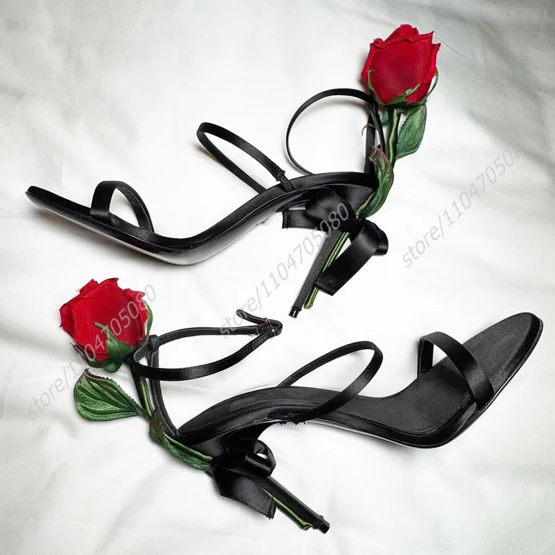 Elegant Black Leather Rose Flower Heel Sandals For Women
