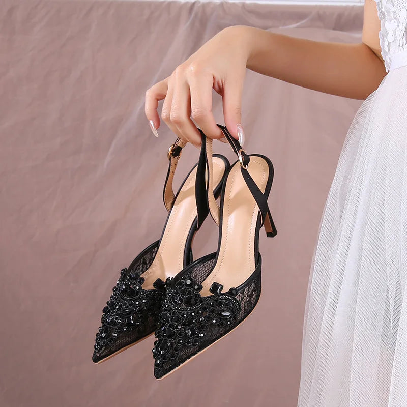 Lace Pearl Beaded Pointed Toe Stiletto Heels for Women
