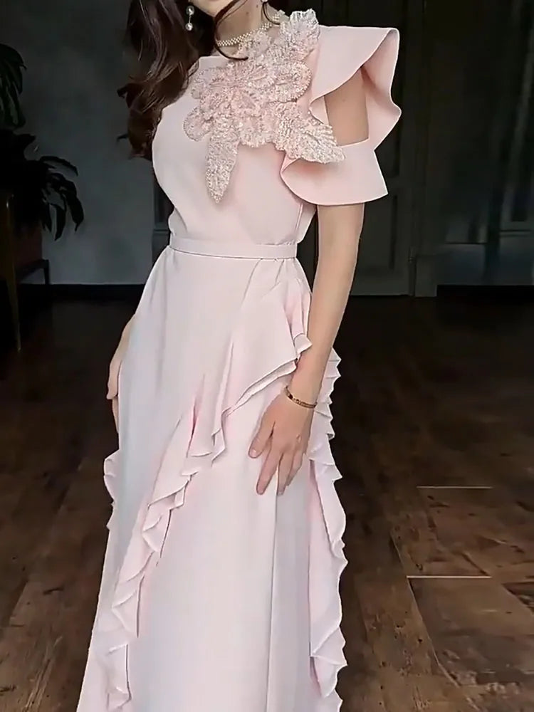 Fashion Flower Patchwork Lotus Leaf Edge Long Dress Casual Summer Banquet Dresses Ladies Temperament O-neck Short Sleeved Dress