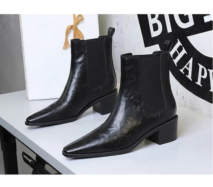 Black Pointed Toe Block Heel Ankle Boots