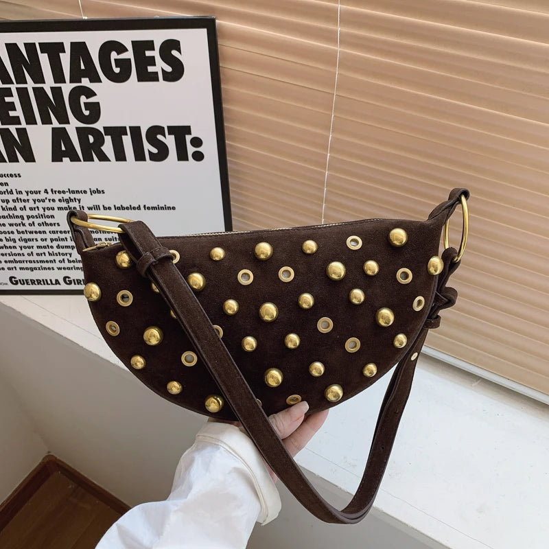 Faux Suede Rivet Half Moon Shoulder Bag for Women