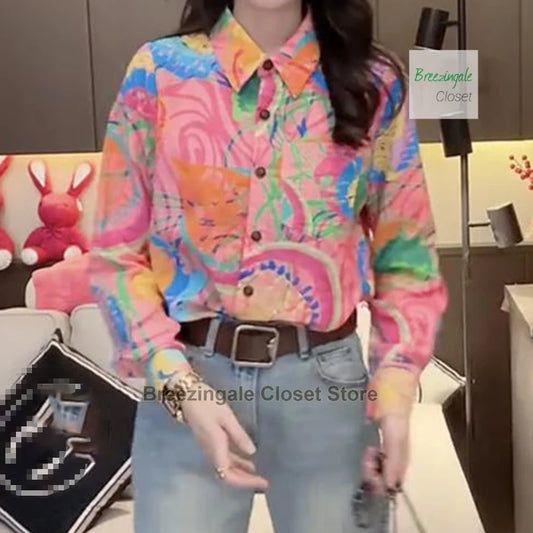 French fashion color printing long-sleeved shirt women's summer new fashion design sense temperament plus size loose Joker top.
