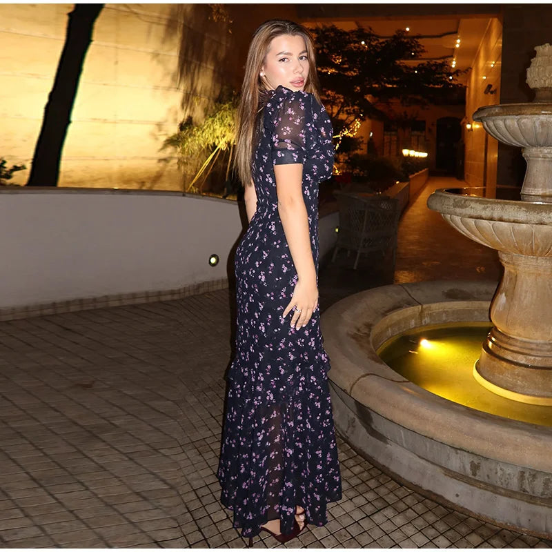 Printed Lace Trim V Neck Puff Sleeve Maxi Dress for Women